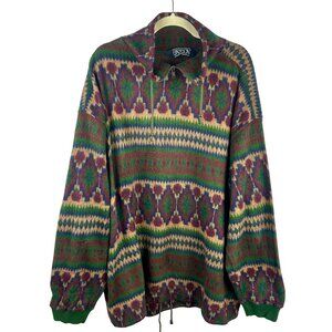 Vintage 90s Sasson Fair Isle Pullover Women XL Green Red Quarter Zip Athleisure